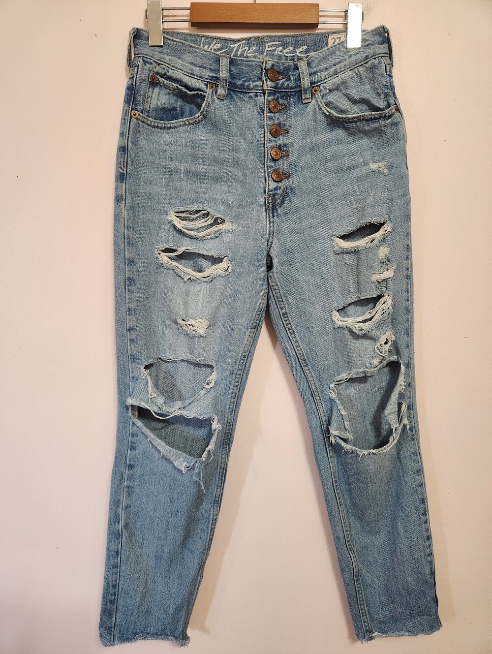 We The Free Blossom Rigid High Rise Distressed Button Fly Crop Jeans Size 27 Y2K